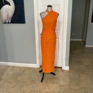 New Women Large One Shoulder Ruched Maxi Dress with Slit at the back